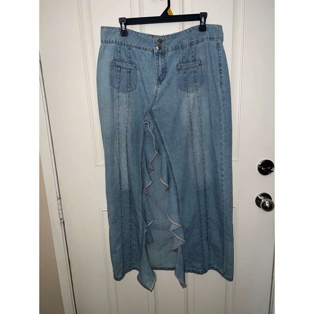 Edikted Denim Maxi Skirt Light Wash Ruffle Front Slit High Low XL